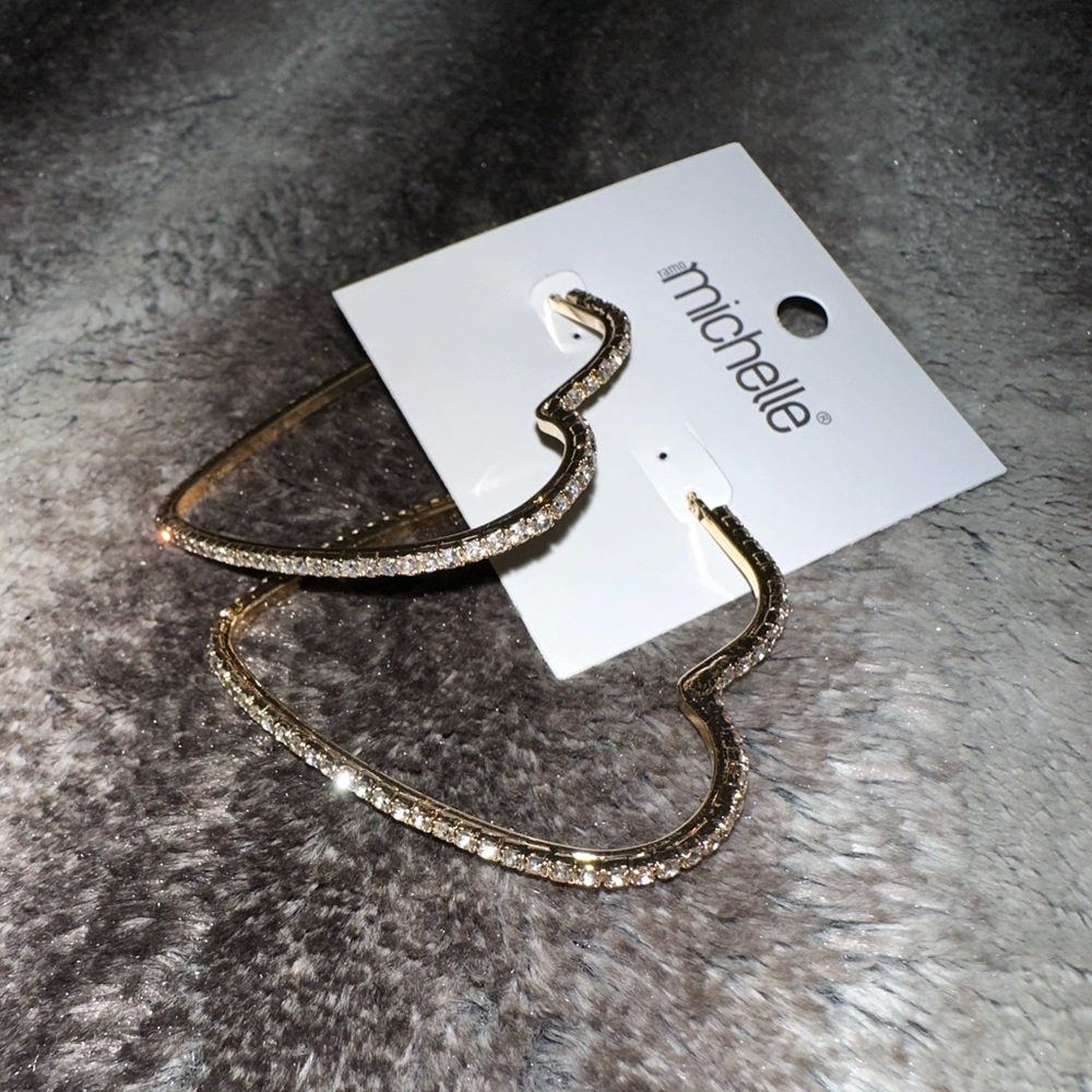 Gold Heart hoops Earrings with Rhinestones